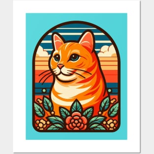 orange tabby cat profile with flowers Posters and Art